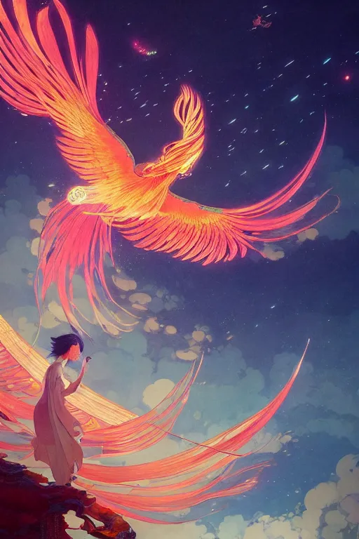 Image similar to victo ngai and lfons mucha painting of a phoenix in the sky, chinese style ， makoto shinkai ， final fantasy, unreal engine 5 highly rendered, global illumination, radiant light, detailed and intricate environment