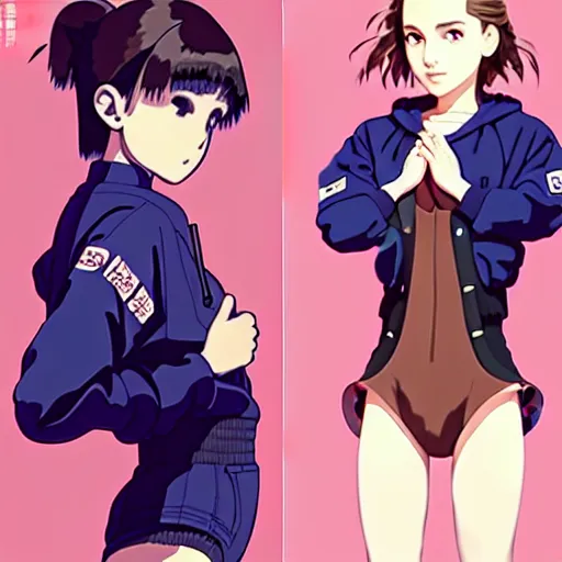 Image similar to a beautiful! boyish! natalie portman alluring gravure! model, wearing oversized mayan bomber jacket and leotard with overalls, bulky poofy bomber jacket with mayan patterns, gapmoe yandere grimdark, trending on pixiv fanbox, painted by greg rutkowski makoto shinkai takashi takeuchi studio ghibli, akihiko yoshida