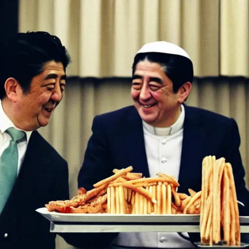 Prompt: the pope eating mc donalds with prime minister shinzo abe, photo by slim aarons, award winning