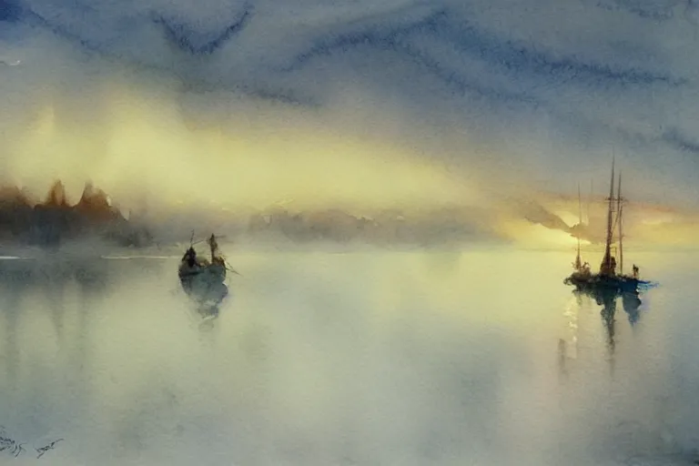 Prompt: small centered on watercolor paper, paint brush strokes, abstract watercolor painting of foggy dawn, world nature, cinematic light, national romanticism by hans dahl, by jesper ejsing, by anders zorn, by greg rutkowski, by greg manchess, by tyler edlin