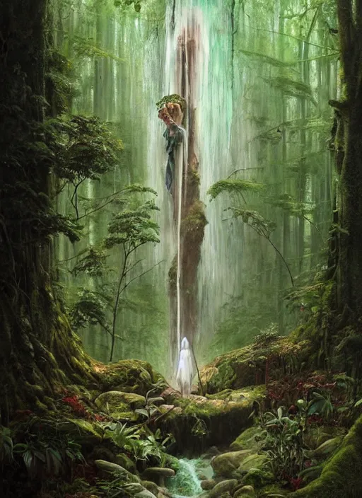 Image similar to a hyper realistic architectural witch shrine under a waterfall in the woods, gorgeous lighting, lush forest foliage, painting by chiara bautista and tom bagshaw, muca beksinski and norman rockwell and greg rutkowski weta studio, and lucasfilm