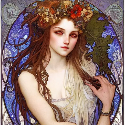 Prompt: realistic detailed face portrait of a beautiful young fox witch with oak leaves in her hair by Alphonse Mucha, Ayami Kojima, Amano, Charlie Bowater, Karol Bak, Greg Hildebrandt, Jean Delville, and Mark Brooks, Art Nouveau, Neo-Gothic, gothic, rich deep moody colors