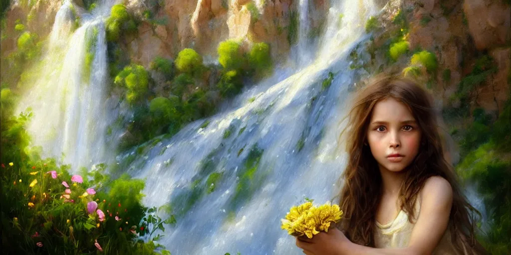 Prompt: hyperrealist portrait of a girl offers a bouquet of flowers to the ancient god of salt, gold and myrrh in a natural landscape with a huge waterfall behind. by daniel f. gerhartz, fantasy art, photo realistic, dynamic lighting, artstation, poster, volumetric lighting, very detailed faces, 4 k, award winning