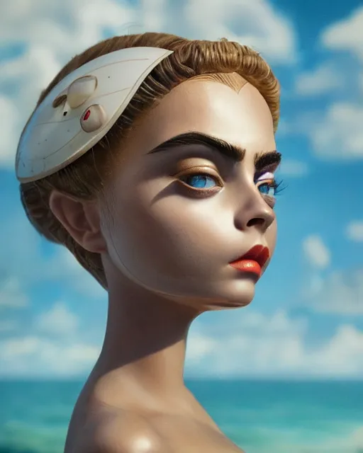 Image similar to closeup face profile portrait of cara delevingne as a tin toy flying saucer babe, bikini, depth of field, zeiss lens, detailed and intricate environment, fashion photoshoot by nicoletta ceccoli, mark ryden, lostfish, breathtaking, 8 k resolution, artistic, hyperrealistic, octane render