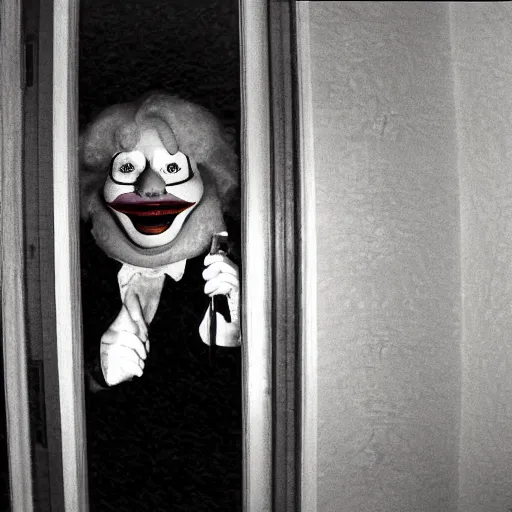 Prompt: creppy 2 0 0 3 photo of ronald mcdonald screaming in a dark room