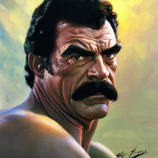 Prompt: ultra realistic portrait painting of tom selleck as hulk, art by frank frazetta, 4 k, ultra realistic, highly detailed, epic lighting