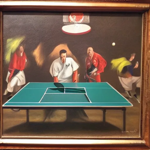 Image similar to Dos muxus xugando al ping pong sobro fondu naranxa, oil painting