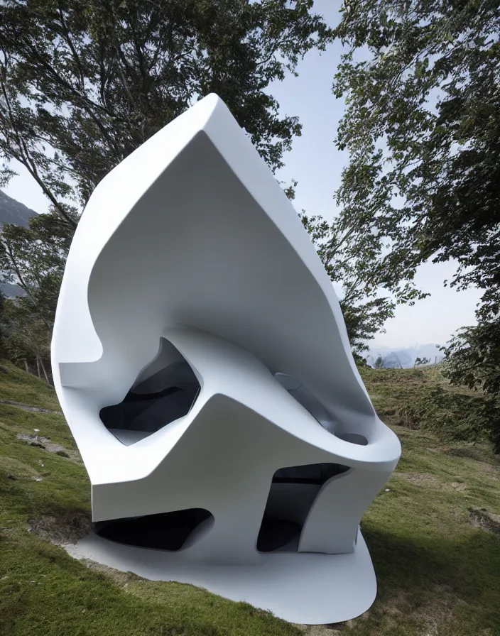 Image similar to zaha hadid 3 d construction printed house on the mountain, soft light