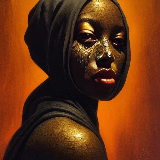 Image similar to a portrait of a young black woman wearing a long dark cloak, hood and shadows covering face, anatomically correct, beautiful perfect face, enigmatic, oil painting, matte painting, black background, Volumetric Golden dappled dynamic lighting, Highly Detailed, Cinematic Lighting, Unreal Engine, 8k, HD, by Beksinski