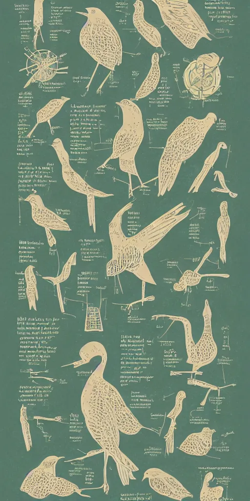 Image similar to anatomy of a bird, diagrams, map, marginalia, sketchbook, old script, inhabited initials, pastel infographic by Wes Anderson