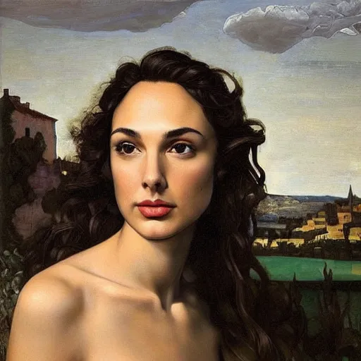 Prompt: Oil painting of the beautiful woman Gal Gadot, she is wearing some withe old cloths and a surreal ornate, her hair is natural disheveled, she has an ancient italian village as background, naturalism, dramatic lighting, high-detailed oil painting by Ilya Repin, Michelangelo da Caravaggio, William Blake, Alex Grey and Beksinski, trending on Artsatio, masterpiece, 4k, 8k,