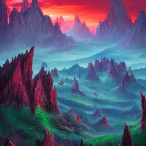 Prompt: Fantasy art for a green spell that creates a small red dinosaur creature from the game magic the gathering. Red mountains pictured in the background. Award winning, high detail, original artwork, dramatic lighting
