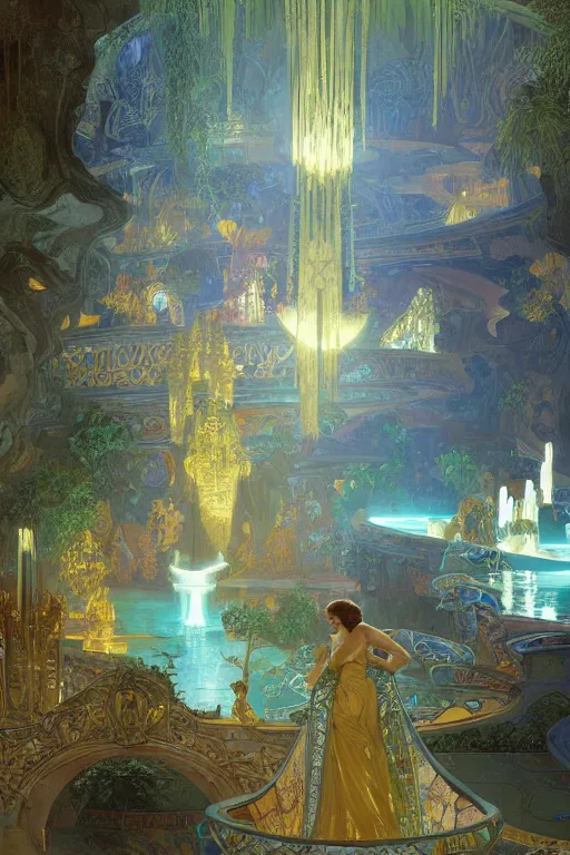 Image similar to Concept Digital Art Highly detailed Art Deco Cybertronian lazy river inside of the Palace of the Primes with glowing blue water at night by greg rutkowski, Ilya repin, alphonse mucha, and Edmund Blair Leighton. Very highly detailed 8K, octane, Digital painting, the golden ratio, rational painting