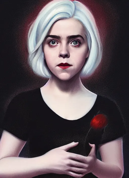 Image similar to full body portrait, kiernan shipka as sabrina spellman, white hair, obese, bangs, sultry, realistic, sultry smirk, fluffy bangs, freckles, fat, belly, intricate, elegant, highly detailed, digital painting, artstation, concept art, smooth, sharp focus, illustration, art by wlop, mars ravelo and greg rutkowski