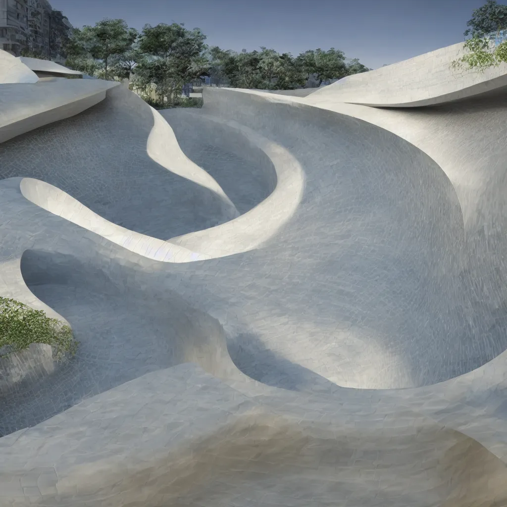 Prompt: an incredibly smooth curvilinear architectural sculpture, a golden pool on the ground is envelope by folding white surfaces, blue light, visually satisfying architecture render