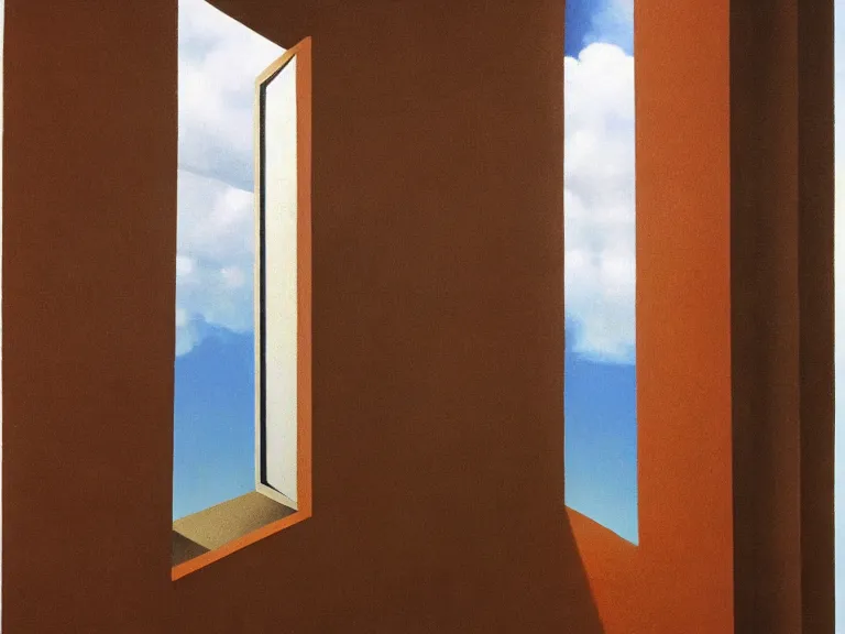 Image similar to an open window to nothingness in brick wall with endless hallway inside, painting by rene magritte, centered, high detail, high resolution