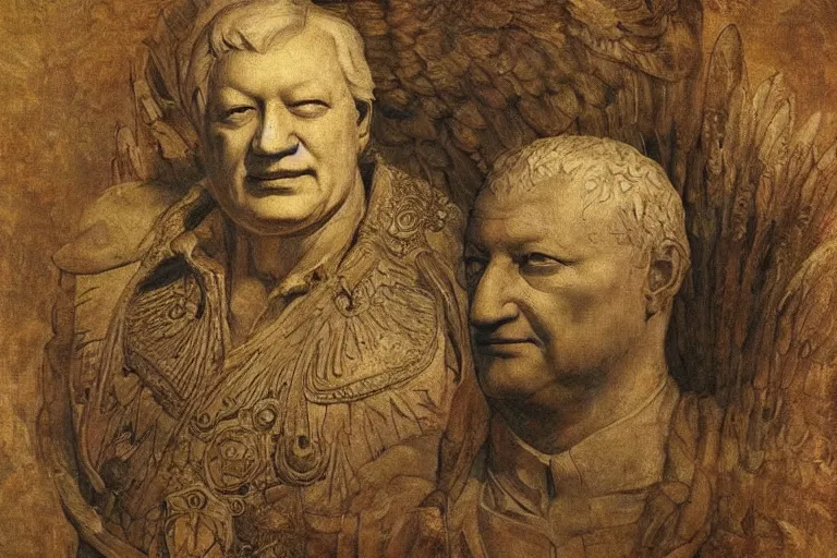 Image similar to Boris Yeltsin with valkyrees, by Leonardo DaVinci, reneissanse painting, intricate detail, artstation