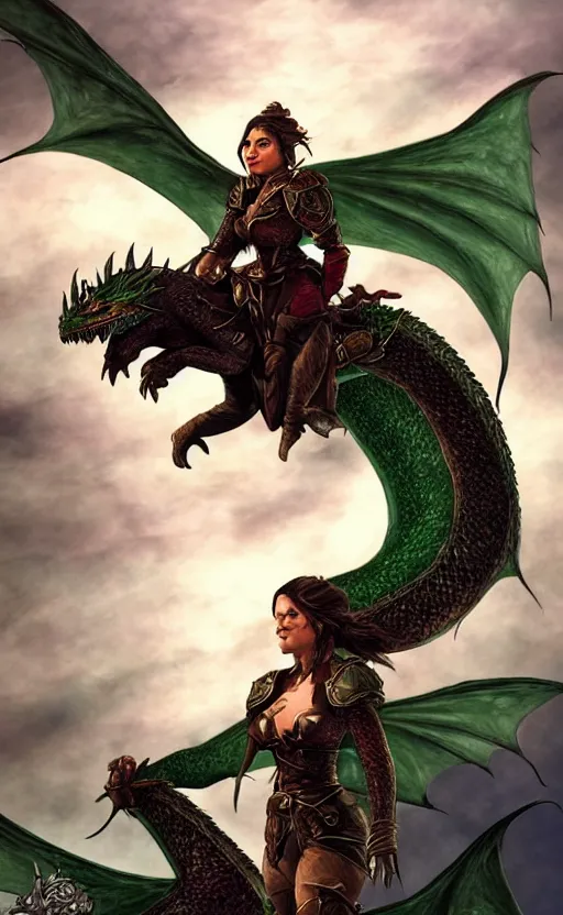 Image similar to epic fantasy dungeons and dragons scene, female halfling rogue, riding on top of a green dragon, green dragon, waterdeep, black hair, rogue, fantasy, red leather corset, cinematic, beautiful lighting, heroic, digital art