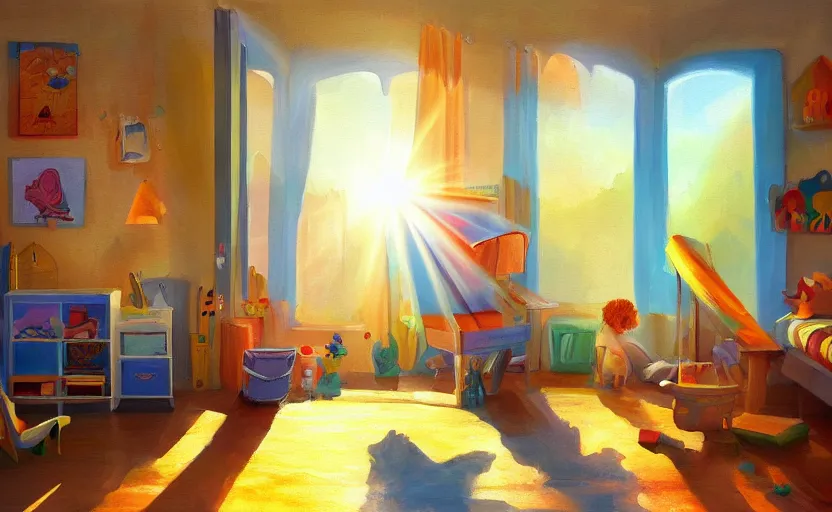 Image similar to happy morning and the rays of the morning sun shining through the window of kid's room in the village house clear sky, warm colors, coherent shadows, happy mood, oil painting, high detail, trending on artstation