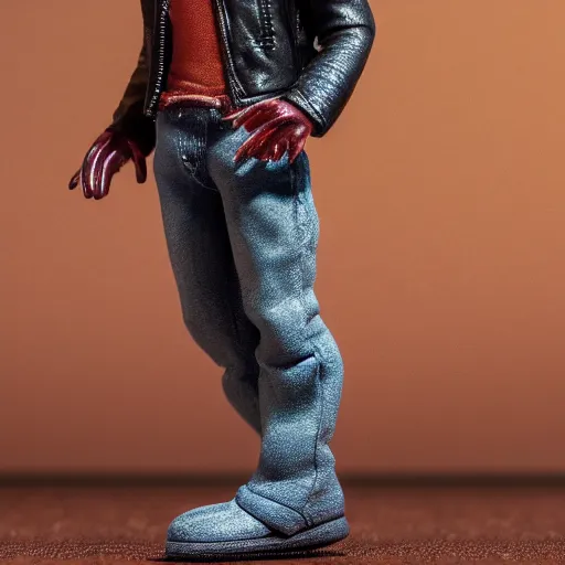 Image similar to perfectly accurate miniature figure of pepe the frog wearing jeans and a black leather jacket, soft textures, skin texture, clothing, 3d sculpture, textured, fine detail, lifelike, photo, high resolution, octane render, post processing, after effects, trending on artstation