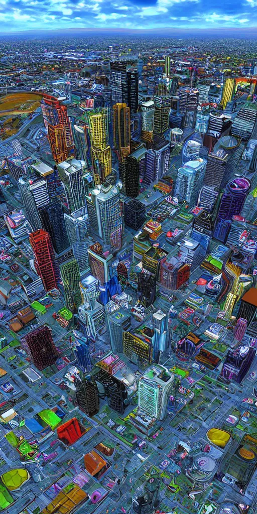 Image similar to hyper realistic photo of calgary downtown city view, 8 k, hyper realistic, fractal art, art station, coherent design, symmetrical, vivid colour, complementary colour, golden ratio, detailed, sharp lines, intricate, rainbow shift, in unreal 3 d engine, ray tracing, octane render