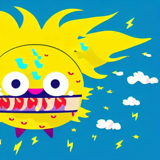 Image similar to kawaii wacky fluffy popcorn with lightning bolt power, yokai, in the style of a mamashiba, with a yellow beak, with a smiling face and flames for hair, sitting on a lotus flower, white background, simple, clean composition, symmetrical