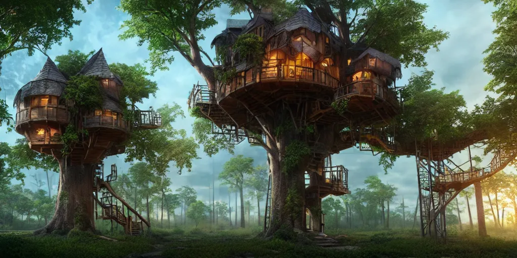 Image similar to a treehouse city, highly detailed, 8 k, hdr, award - winning, octane render, artstation, volumetric lighting