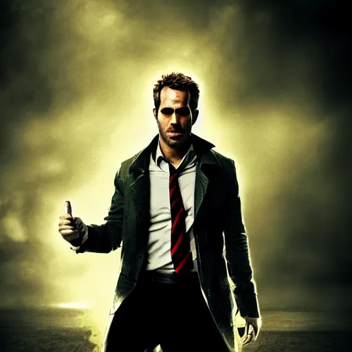 Prompt: a portrait of a Ryan Reynold as a John constantine, DC ,Grim fantasy, superheroes , HDR, natural light, shoulder level shot, dynamic pose, award winning photograph, Mucha style 4k,