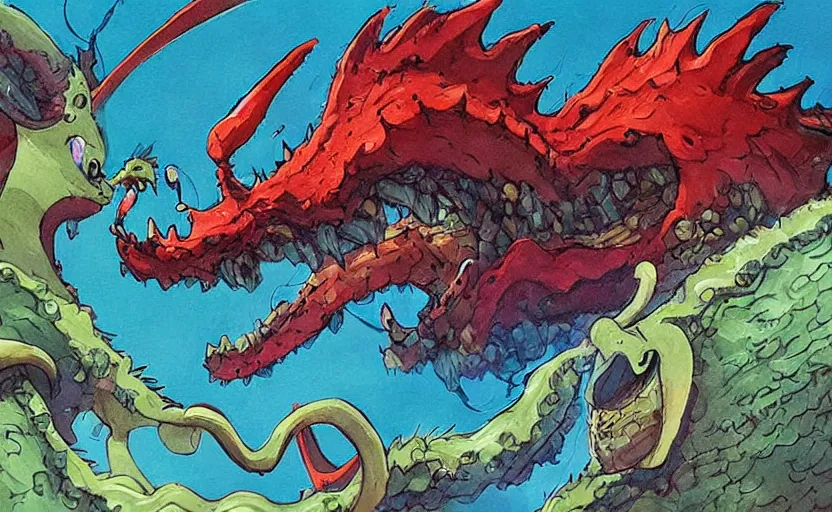 Image similar to the friendly dragon slime awoke from its slumber beneath the bed frame, digital painting masterpiece, haunting beautiful brush strokes, painted by Moebius and Hayao Miyazaki and Akira Toriyama