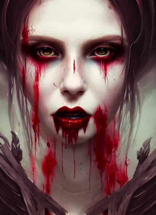 Image similar to beautiful, very very very extreme closeup portrait, bloody, vampire girl, extreme blood, vampire fangs, medieval dress. witch, makeup. unreal engine, greg rutkowski, loish, rhads, beeple, tom bagshaw, alphonse mucha, global illumination, detailed and intricate environment