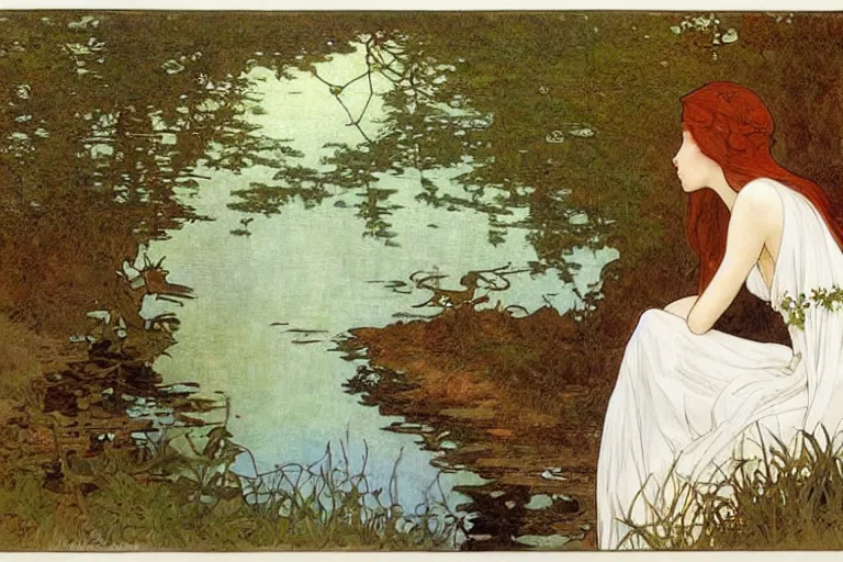 Prompt: a beautiful painting of the back view of a young lady in white dress sitting by the river in a grown forest, looking at her reflection on the water, sunlight reflected on the river, Mucha, Moebius, Mohrbacher