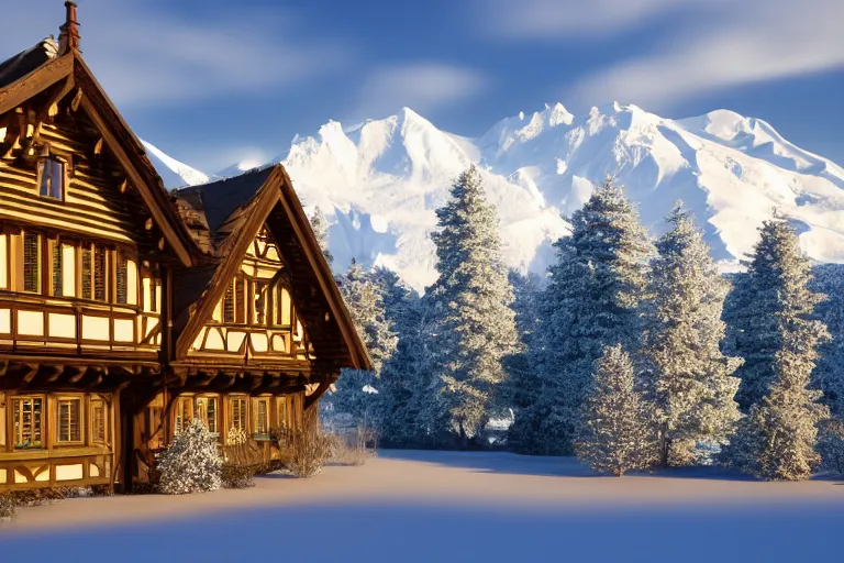 Image similar to futuristic half-timbered houses with in the forest with Elbrus mountain covered by snow on the background, architecture, 3d render 8k , high details