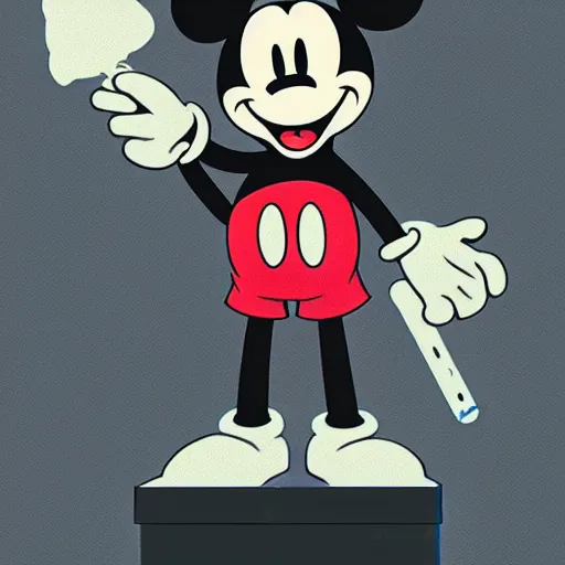 Image similar to mickey mouse holding a giant joint while sitting on a couch in a messed up apartment, stoned eyes, smoke, amazing digital art, amazing detail, artstation, award winning, sharp