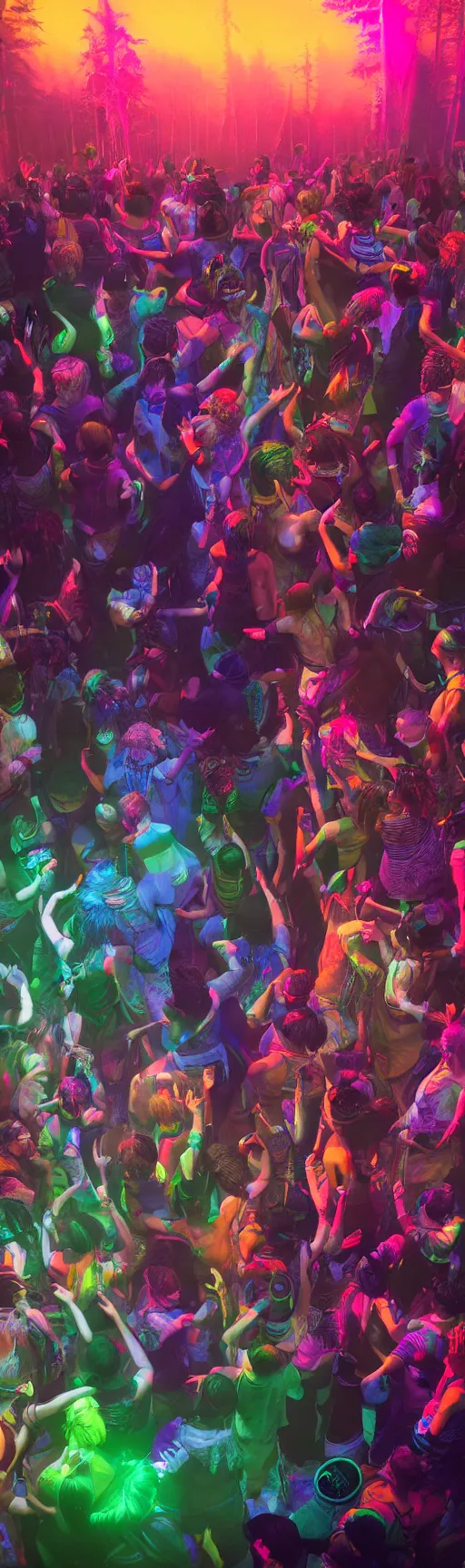 Prompt: a crowd of multicolored people dancing at a rave in the redwoods with a dj on stage by akihiko yoshida and tim mcburnie and anato finnstark, masterpiece, portrait, vibrant, cybernetics, wide angle