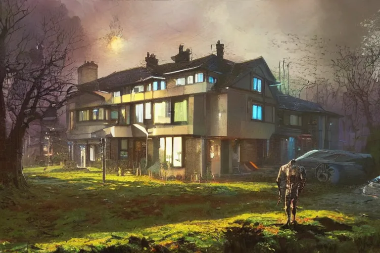 Image similar to cyberpunk, an estate agent listing photo, external view of a 5 bedroom detached countryside house in the UK, by Paul Lehr