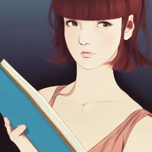 Image similar to portrait by ilya kuvshinov of a beautiful girl reading a book, slight smile, symmetrical face, trending on pixiv, fhd, detailed, subdued color palette