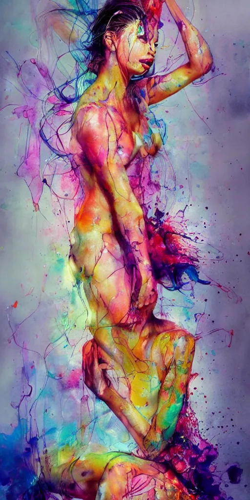 Image similar to adriana lima by agnes cecile enki bilal moebius, intricated details, sitting on a stool, full body portrait, extremely luminous bright design, pastel colours, drips, autumn lights