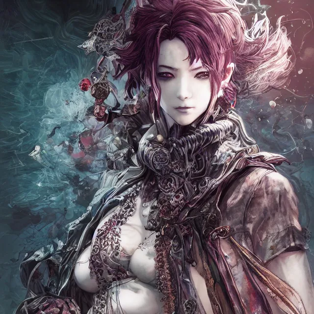 Image similar to the portrait of neutral evil fallen sensual female dark knight vagabond as absurdly beautiful, gorgeous, bloodlust, young idol, an ultrafine hyperdetailed illustration by kim jung gi, irakli nadar, intricate linework, bright colors, octopath traveler, final fantasy, unreal engine 5 highly rendered, global illumination, radiant light, detailed and intricate environment