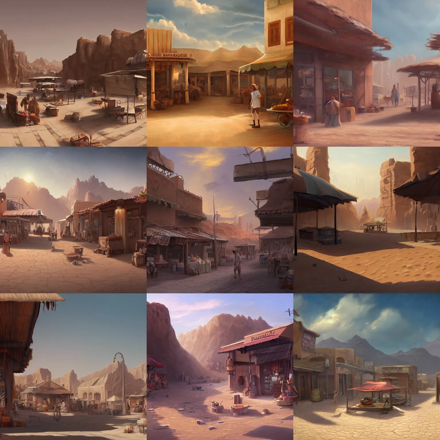 Prompt: matte painting of a quiet marketplace in a desert town, artstation