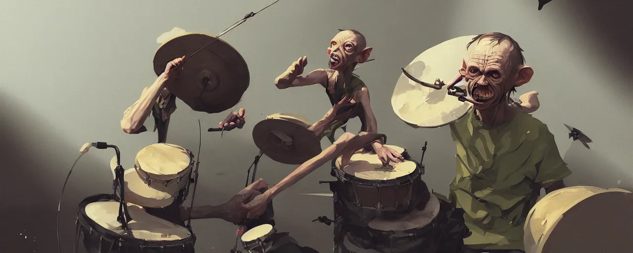 Image similar to duotone olive illustration 3 / 4 portrait of gollum playing drums on stage composition accidental renaissance golden ratio. by sachin teng and sergey kolesov and ruan jia and heng z. graffiti art, scifi, fantasy, hyper detailed. octane render. concept art. trending on artstation