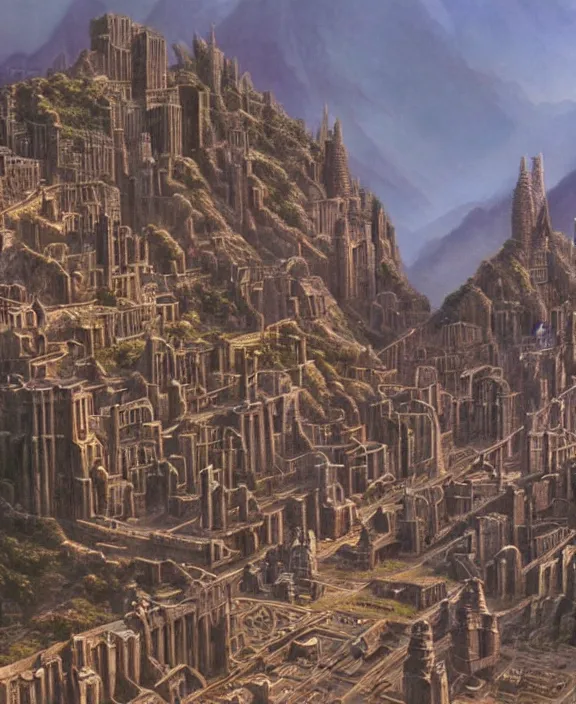 Prompt: a matte painting of a great city carved into the side of a mountain by ted nasmith