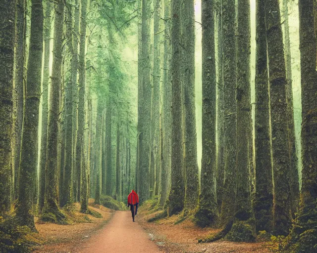 Image similar to a person walking through a forest with tall trees, a photo by kazys varnelis, trending on flickr, naturalism, photo taken with provia, photo taken with ektachrome, photo taken with fujifilm superia