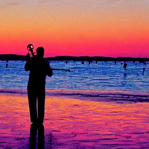 Prompt: jazz singer on the beach playing the conga’s with an purple pink sunset