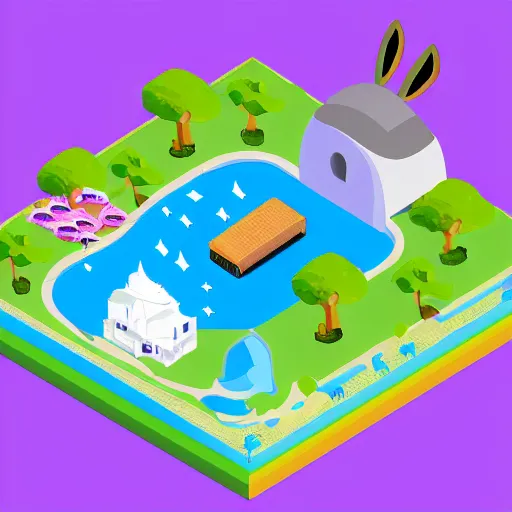 Image similar to isometric view of an island full of guinea pigs and rabbits