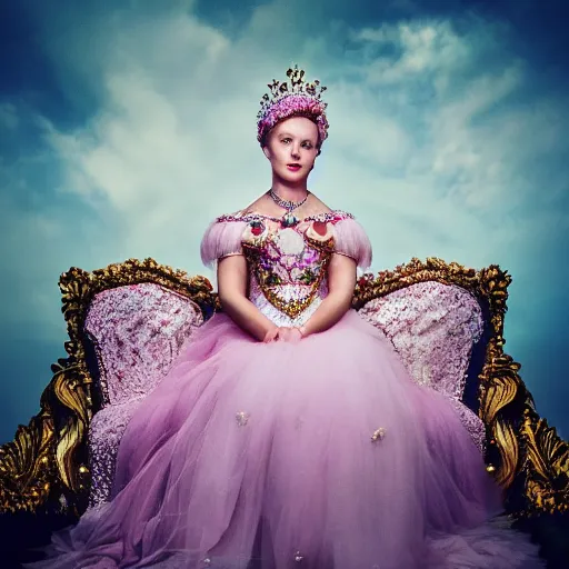 Prompt: portrait photography of ukrainian princess of the dawn, beautiful woman, elegant, celebration costume, jewellery, sitting in the throne, highly detailed, hyper realistic, dramatic sky, dawn, pastel, deep gaze, pretty face, glowing, in the style of annie leibovitz