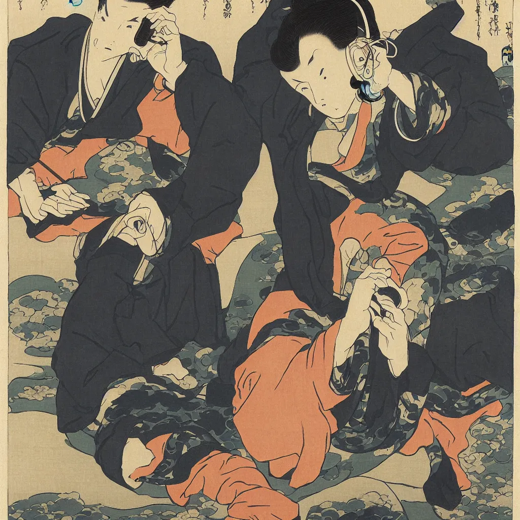 Image similar to i, a man wearing headphone and playing his iphone, by hokusai