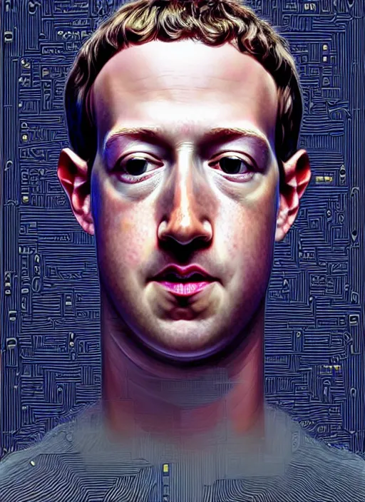 Image similar to hyper detailed 3d render like an Oil painting - Portrait of Mark Zuckerberg hooked up to a mainframe by Jacek Yerka, Mariusz Lewandowski, Houdini algorithmic generative render, Abstract brush strokes, Masterpiece, Edward Hopper and James Gilleard, Zdzislaw Beksinski, Mark Ryden, Wolfgang Lettl, hints of Yayoi Kasuma, octane render, 8k