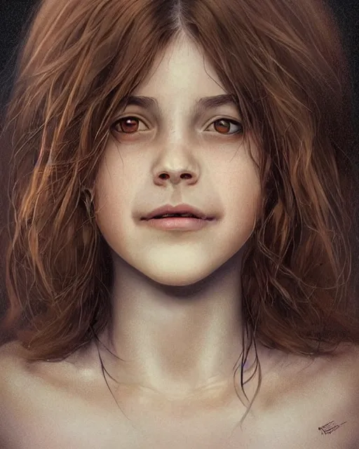 Image similar to symmetry!! portrait of smiling 1 5 - year - old girl with voluminous bushy brown hair, large front teeth, and bright piercing brown eyes, hyper realistic face, beautiful eyes, fantasy art, in the style of greg rutkowski, intricate, hyper detailed, smooth