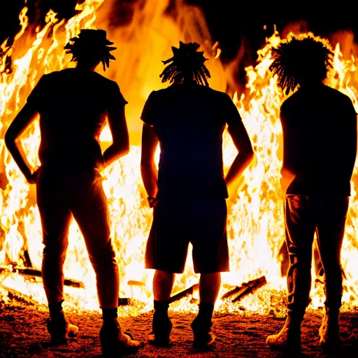 Prompt: photograph of three ravers photographed from behind, talking around a fire, photorealistic, dancefloor kismet, diverse costumes, clean composition, desert transition area, bonfire, night, australian desert, xf iq 4, symmetry, sony a 7 r, 1 5 0 mp, 5 0 mm