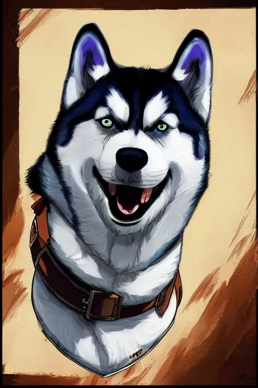 Image similar to a portrait painting of a husky in cowboy costume in the style of anime, character design, a fistful of dollars, per un pugno di dollari, treniding on artstation